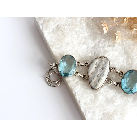 Blue Gemstone & Jasper Chainlink Silver Toned Chunky Vintage Tennis Bracelet - Picture 4 of 14
